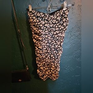 Floral Ruched Women's Skirt - Black with Pink/White Floral